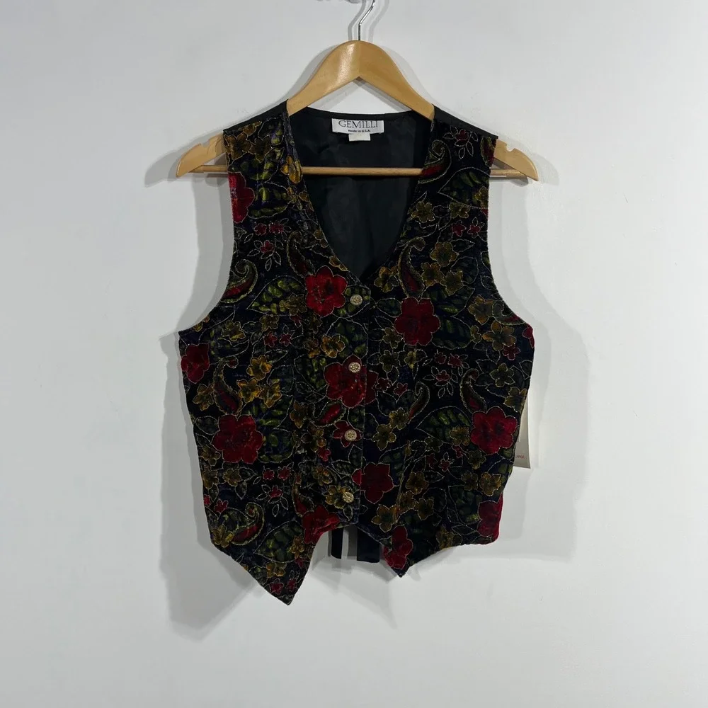 Gemilli VTG 90s Floral Velvet Fairy Grunge Whimsigoth Boho Vest Womens Large